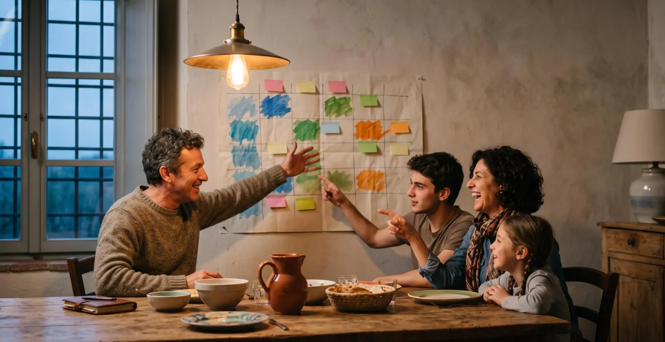 Famiglia italiana riunita davanti a un calendario a muro colorato per pianificare i viaggi dell'anno scolastico
