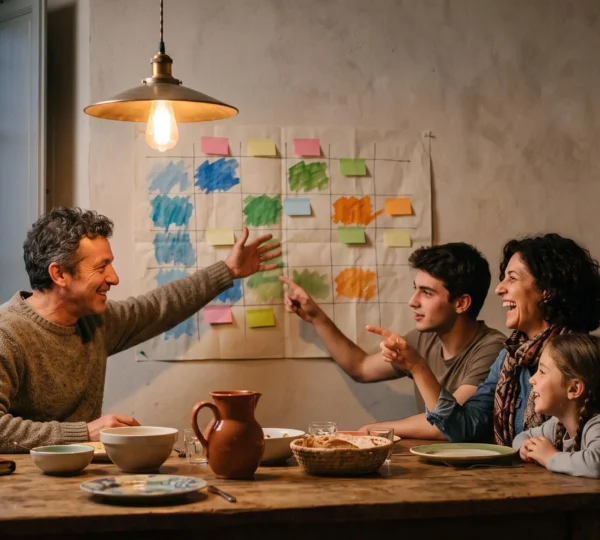 Famiglia italiana riunita davanti a un calendario a muro colorato per pianificare i viaggi dell'anno scolastico