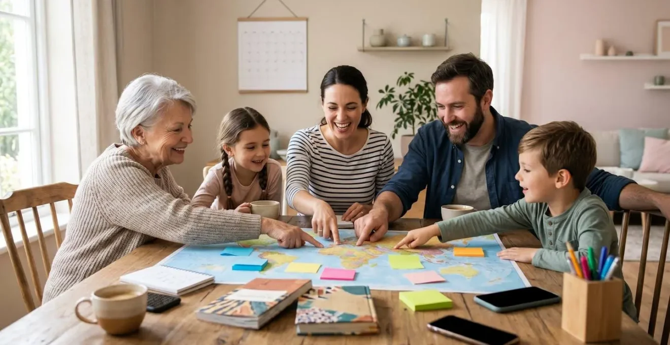 Famiglia che pianifica vacanze insieme guardando un calendario scolastico con date cerchiate
