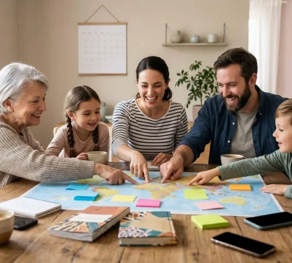 Famiglia che pianifica vacanze insieme guardando un calendario scolastico con date cerchiate