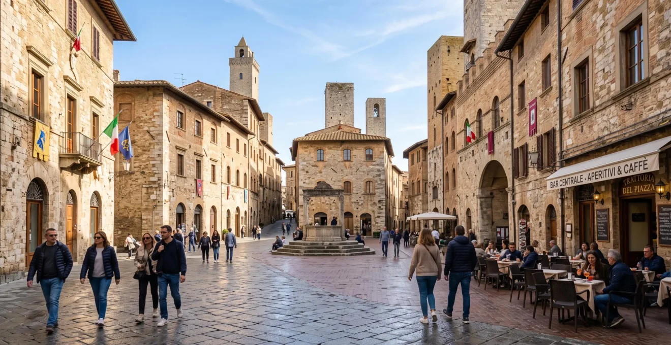 Ampia piazza lastricata in pietra di un borgo toscano medievale sotto un cielo sereno, con edifici storici e arcate