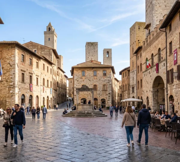 Ampia piazza lastricata in pietra di un borgo toscano medievale sotto un cielo sereno, con edifici storici e arcate