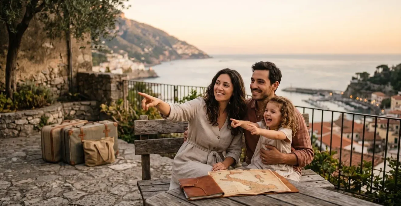 Famiglia che osserva una mappa costiera al tramonto mentre pianifica in anticipo la propria vacanza
