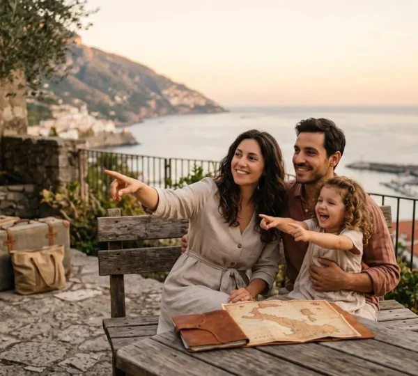 Famiglia che osserva una mappa costiera al tramonto mentre pianifica in anticipo la propria vacanza