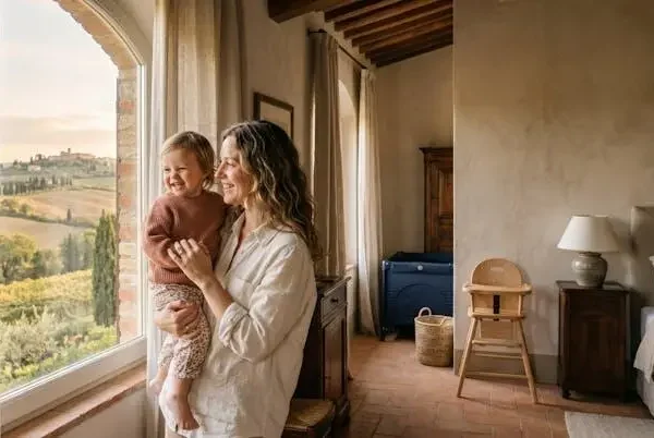 Famiglia con un bambino piccolo in una camera d'albergo luminosa e accogliente durante una vacanza