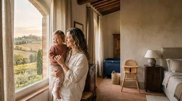 Famiglia con un bambino piccolo in una camera d'albergo luminosa e accogliente durante una vacanza