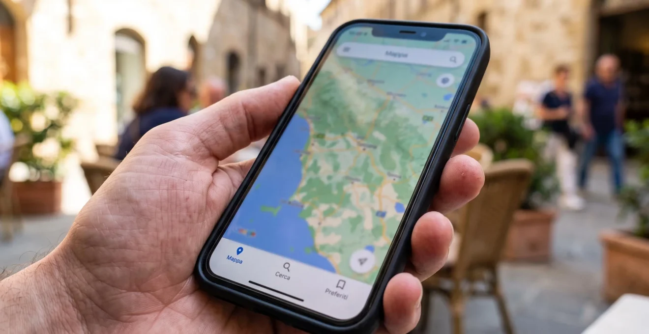 Primo piano di una mano che tiene uno smartphone con l'app di viaggio aperta mostrando una mappa della Toscana, su uno sfondo sfocato di tavolino da caffè all'aperto