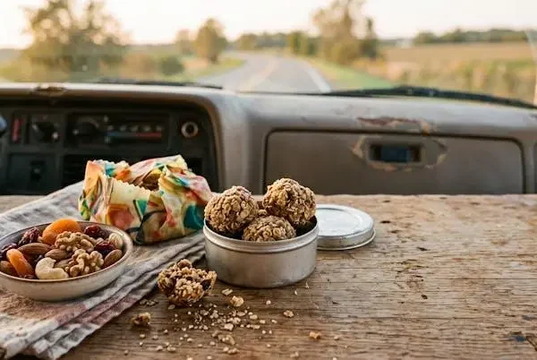 Composizione editoriale di snack sani da viaggio disposti su una superficie naturale, con frutta secca, barrette artigianali e un contenitore da trasporto, pronti per un lungo tragitto
