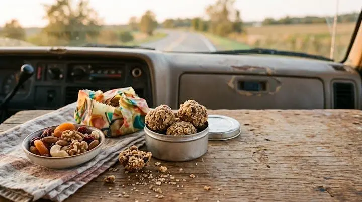 Composizione editoriale di snack sani da viaggio disposti su una superficie naturale, con frutta secca, barrette artigianali e un contenitore da trasporto, pronti per un lungo tragitto