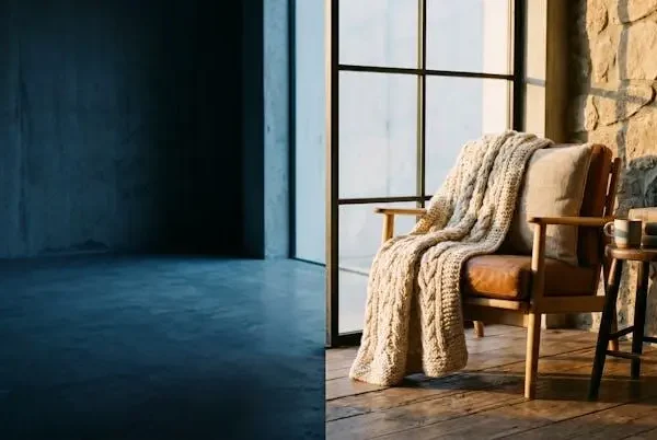 Interno accogliente con luce calda naturale e texture autentiche che rappresenta la soglia tra un rifugio confortevole e uno spazio freddo