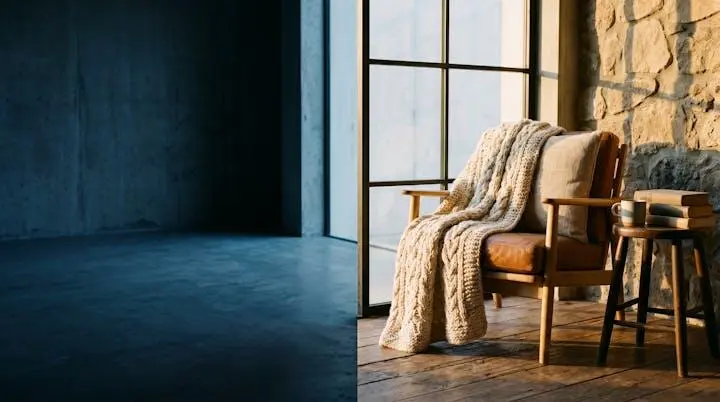 Interno accogliente con luce calda naturale e texture autentiche che rappresenta la soglia tra un rifugio confortevole e uno spazio freddo