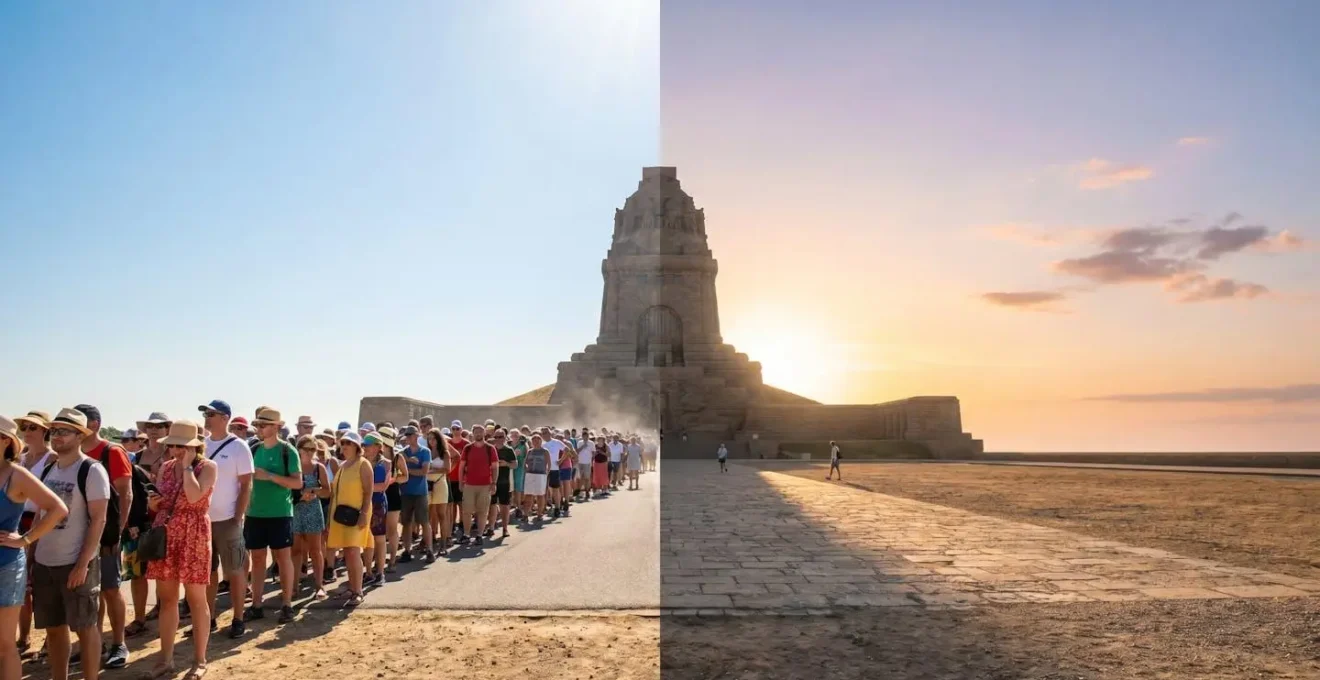 Contrasto tra una folla di turisti in coda sotto il sole e una destinazione italiana quasi deserta nella luce dorata del mattino