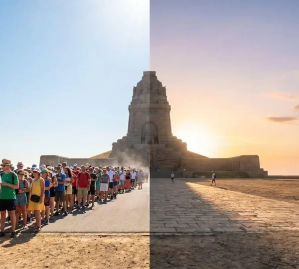 Contrasto tra una folla di turisti in coda sotto il sole e una destinazione italiana quasi deserta nella luce dorata del mattino