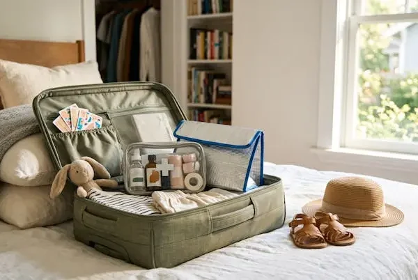 Valigia da viaggio aperta con un kit di pronto soccorso organizzato per bambini, pronta per la partenza verso una meta di vacanza