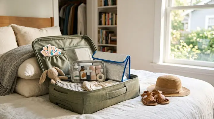 Valigia da viaggio aperta con un kit di pronto soccorso organizzato per bambini, pronta per la partenza verso una meta di vacanza