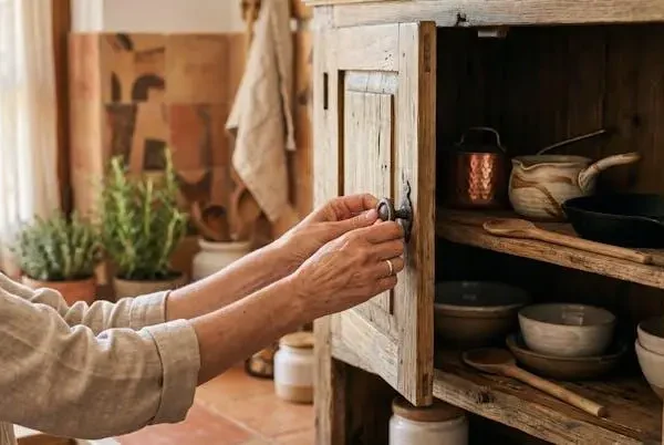 Mani che aprono un'anta di legno in una cucina di un appartamento vacanze, rivelando pentole e utensili ben organizzati
