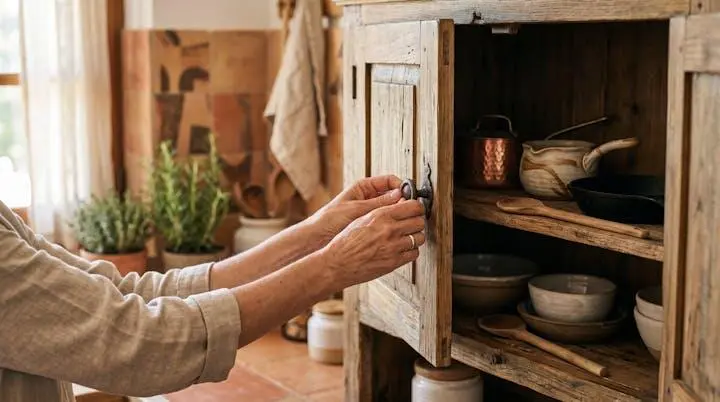 Mani che aprono un'anta di legno in una cucina di un appartamento vacanze, rivelando pentole e utensili ben organizzati