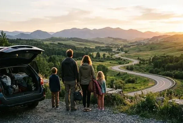 Famiglia con bambini che osserva una strada tortuosa tra le colline durante un viaggio on the road con tappe multiple