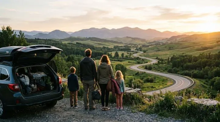 Famiglia con bambini che osserva una strada tortuosa tra le colline durante un viaggio on the road con tappe multiple