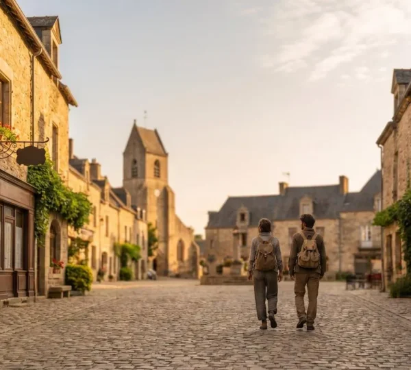 Coppia che passeggia tranquillamente in una piazza storica europea al tramonto durante un weekend culturale